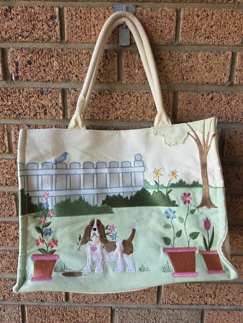 Vtg Cottagecore Embroidered Basset Hound Dog Garden Canvas Tote Bag As-Is 🐶🪴